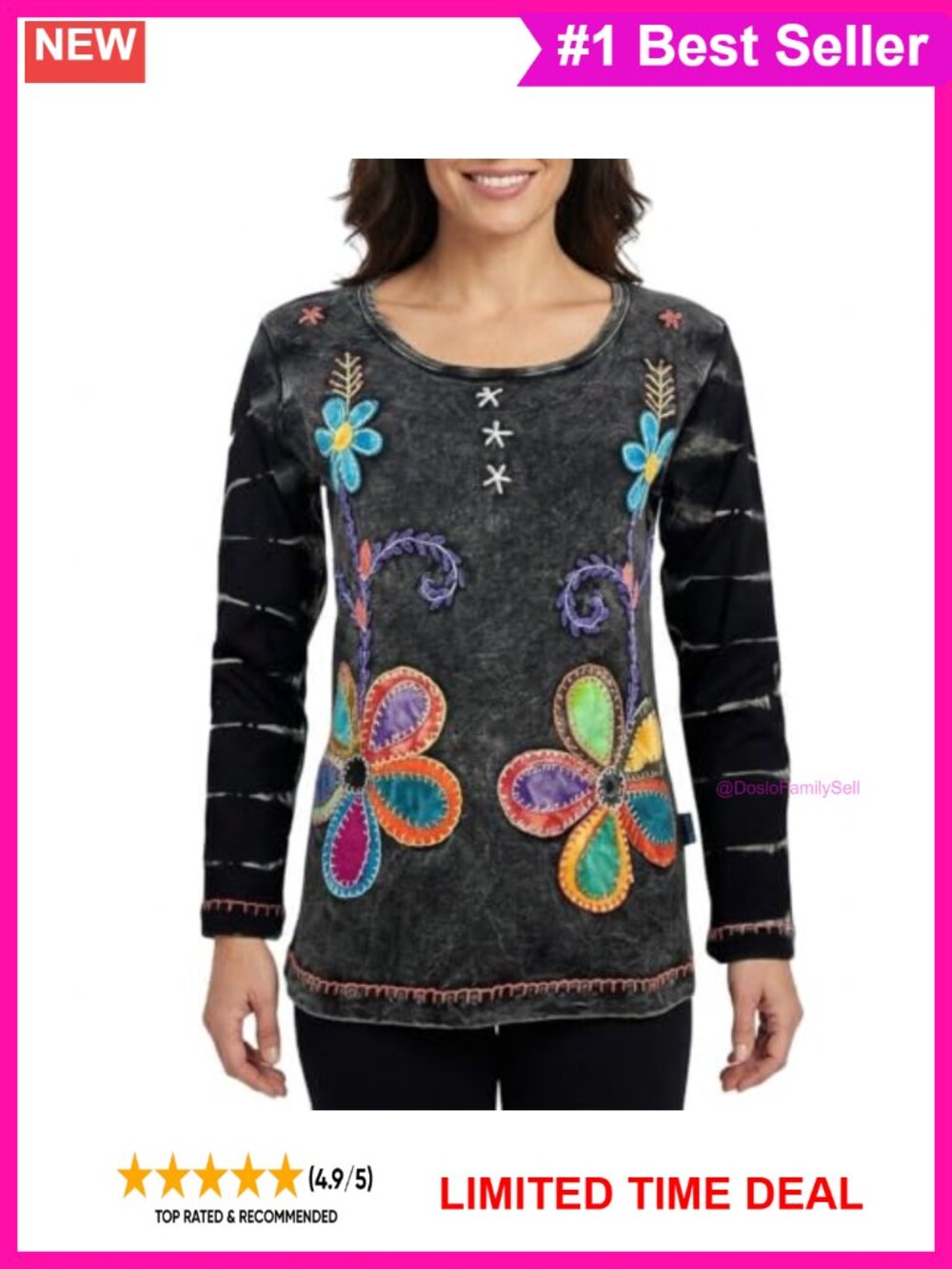 Hand Embroidered Cotton Rib Knit Boho Peasant Top Long Sleeve